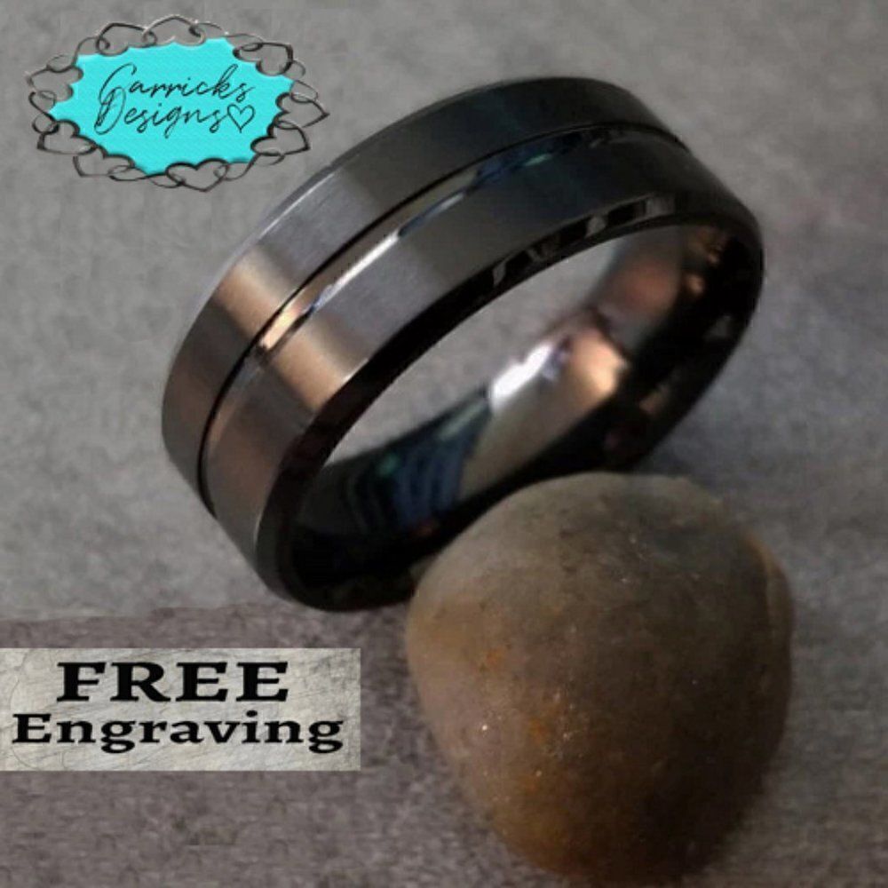 Personalized Men's Black Wedding Ring Band With a Black Center Groove Outer Band - Picture 8 of 8